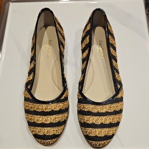 Eric Javits Black and Gold Striped Braided Slip-Ons